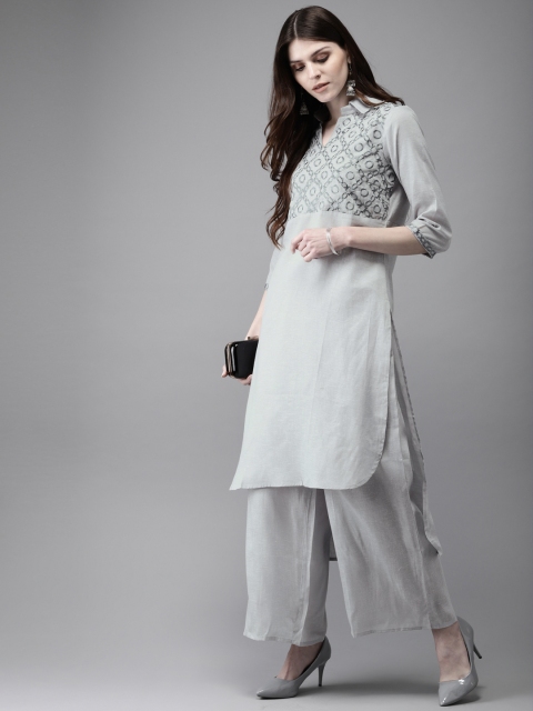 

Anouk Women Grey Embroidered Fusion Kurta with Palazzos