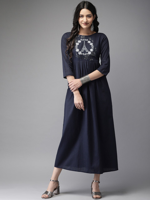 

Anouk Women Navy Embellished A-Line Empire Kurta, Navy blue