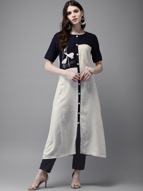 

Anouk Women White & Navy Blue Embroidered Kurta with Trousers