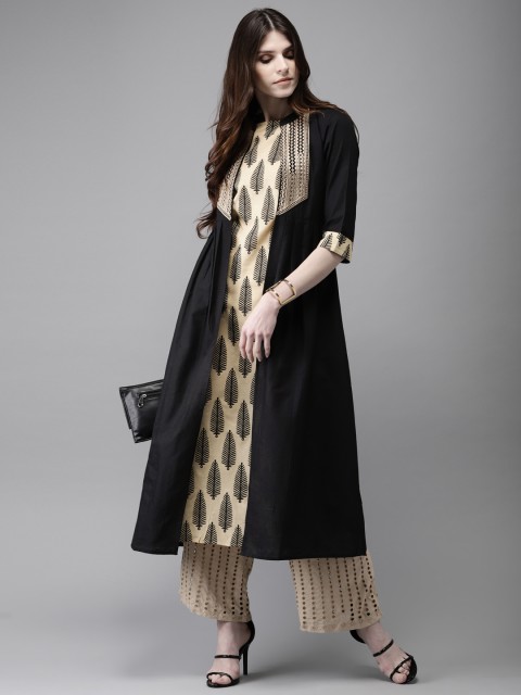 

Anouk Women Black & Beige Printed A-Line Layered Kurta
