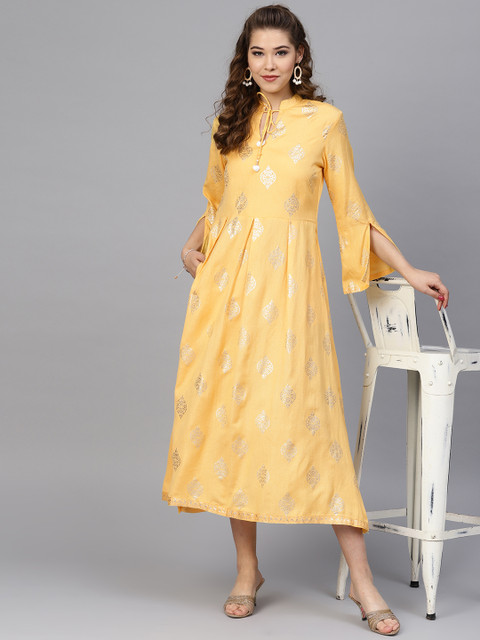 

Inddus Women Yellow & Golden Printed A-Line Dress