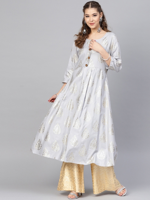 

Inddus Women Grey & Beige Foil Print Kurta with Palazzos