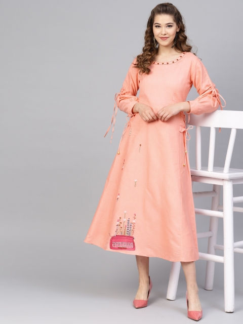 

Inddus Women Peach-Coloured Solid A-Line Dress