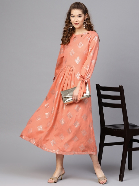 

Inddus Women Peach-Coloured Printed Midi A-Line Dress