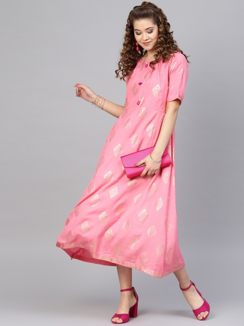 

Inddus Women Pink Foil Print A-Line Dress