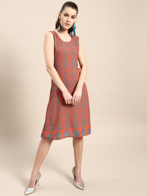 

AKS Couture Women Rust Orange & Teal Blue Printed A-Line Dress