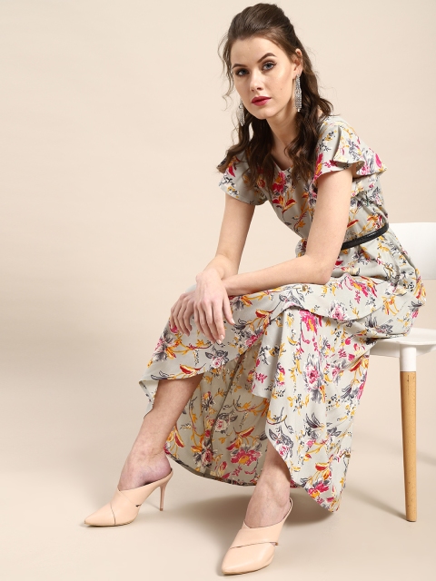 

AKS Couture Women Grey Floral Print Maxi Dress