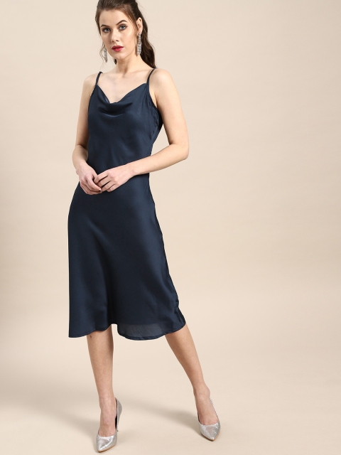 

AKS Couture Women Navy Solid Midi A-Line Dress, Navy blue