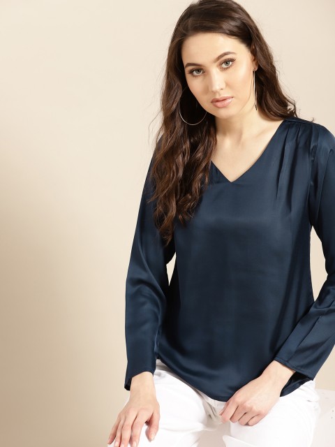 

AKS Couture Women Navy Blue Satin Solid Top