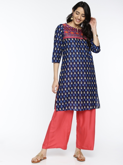 

Melange by Lifestyle Women Pink & Navy Blue Printed Straight Kurta
