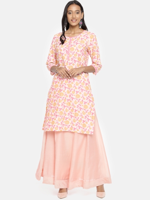 

Melange by Lifestyle Women Off-White & Pink Printed Straight Kurta