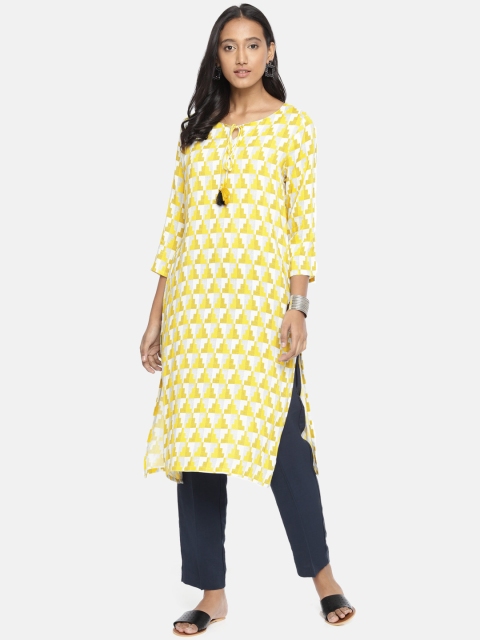 

Melange by Lifestyle Women White & Olive Green Printed Straight Kurta