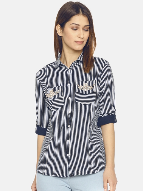 

Jealous 21 Women Navy Blue & Off-White Regular Fit Striped Casual Shirt