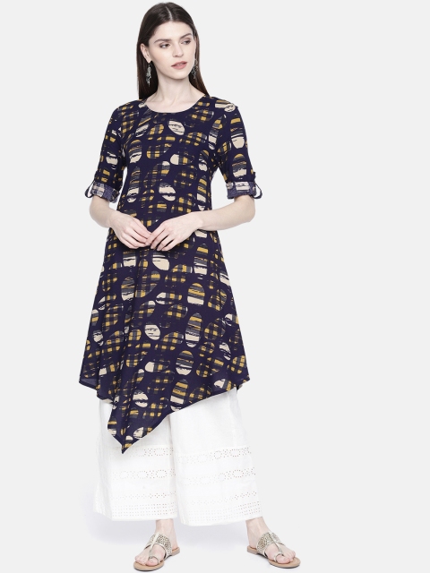 

Anouk Women Navy Blue & Beige Printed A-Line Asymmetric Kurta