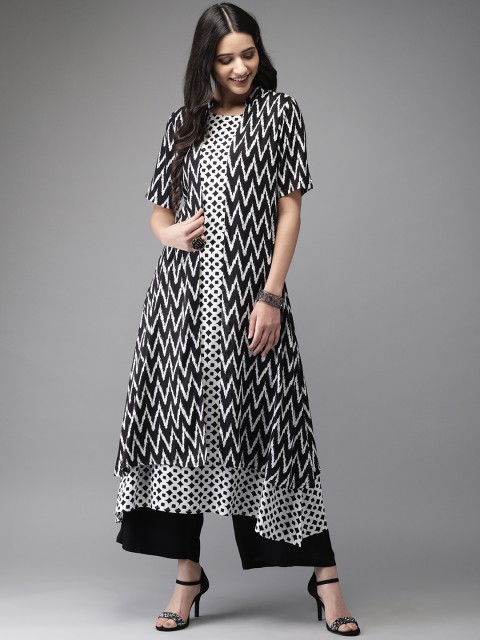 

Anouk Women Black & White Printed Kurta with Longline Shrug & Palazzos