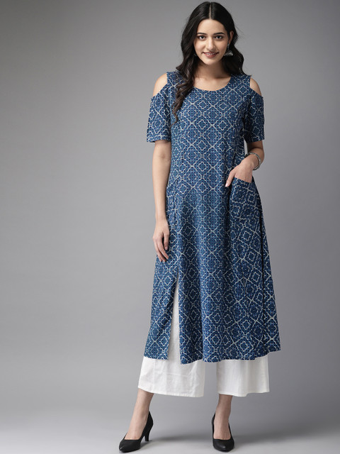 

Anouk Women Navy Printed A-Line Fusion Kurta, Navy blue