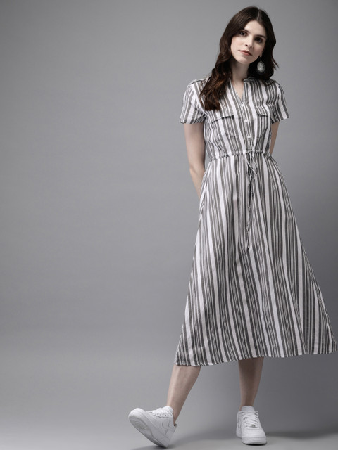 

Anouk Women Grey & White Striped A-Line Fusion Kurta