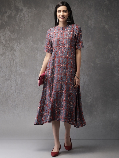 

Anouk Women Grey & Red Printed Asymmetrical Hem A-Line Fusion Kurta