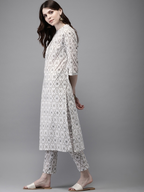 

Anouk Women Off-White & Olive Green Printed A-Line Kurta Set