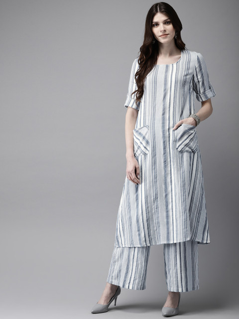 

Anouk Women Blue & White Striped Kurta With Palazzos