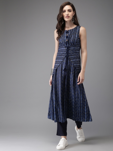 

Anouk Women Navy Blue Striped A-Line Kurta with Trousers