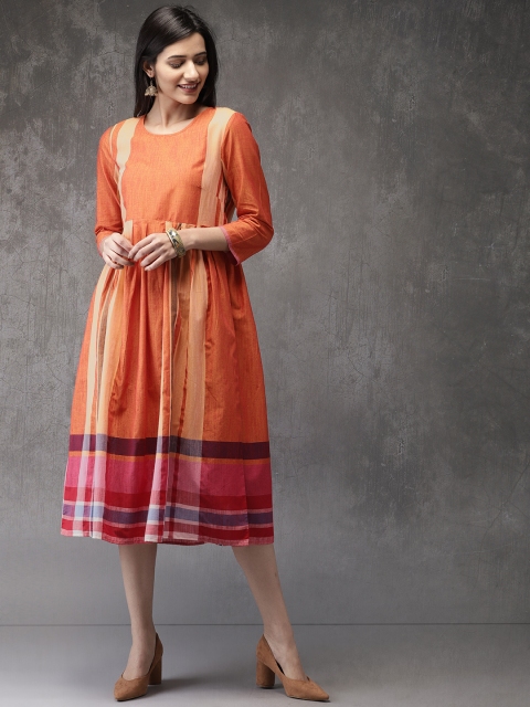 

Anouk Women Orange & Pink Striped A-Line Kurta