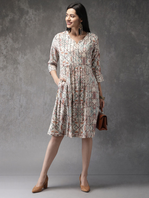 

Anouk Women Beige & Black Printed A-Line Kurta