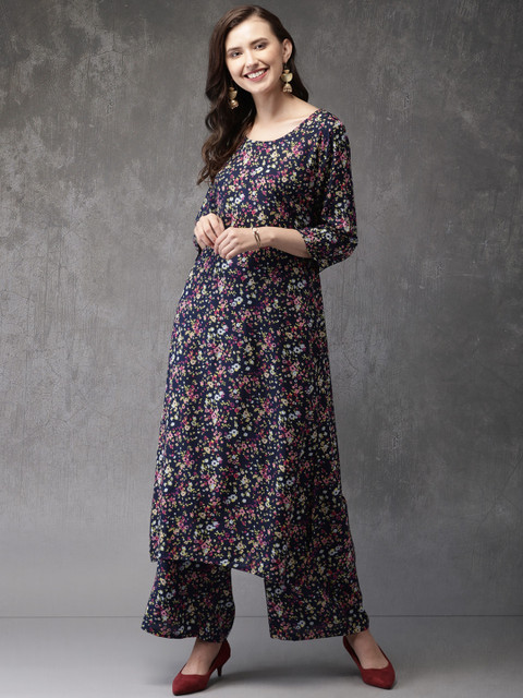 

Anouk Women Navy Blue & Pink Printed Kurta With Palazzos