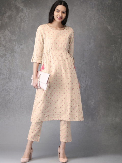 

Anouk Women Beige & Pink Self Design Kurta with Trousers