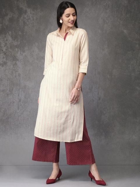 

Anouk Women Beige & Maroon Striped Kurta with Cropped Palazzos