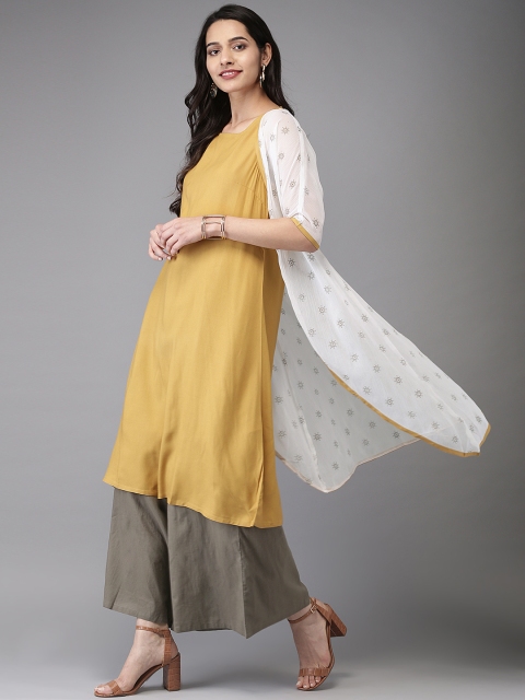 

Anouk Women Mustard Yellow Solid Layered Kurta with Palazzos
