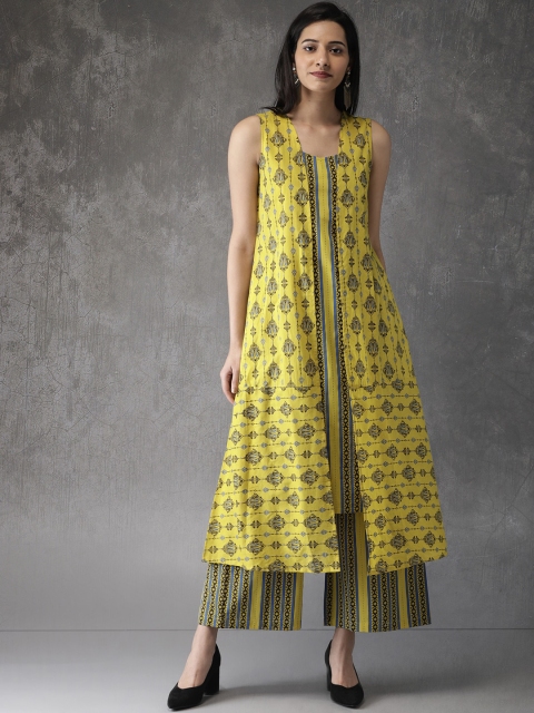 

Anouk Women Mustard Yellow Printed Layered Kurta with Palazzos