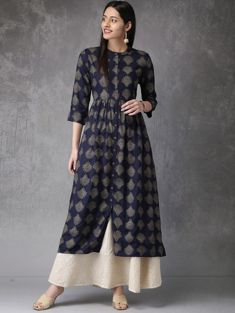 

Anouk Women Navy Printed A-Line Kurta, Navy blue