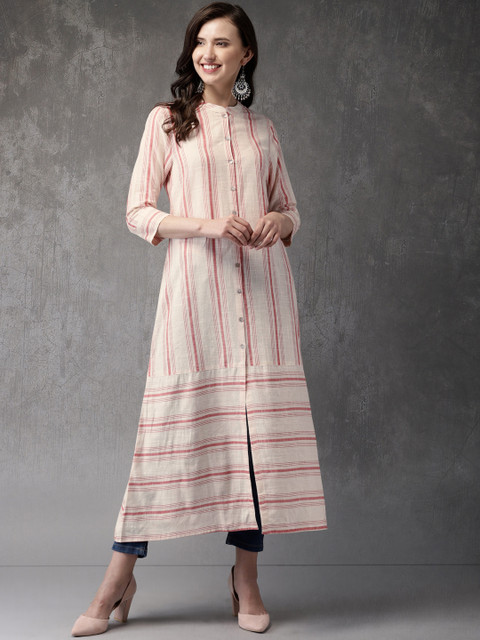 

Anouk Women Off-White & Red Striped A-Line Kurta