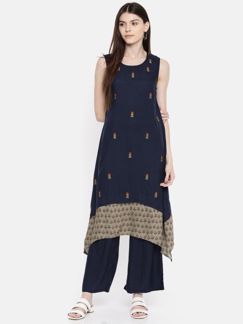 

Anouk Women Navy Blue Embroidered Kurta with Churidar