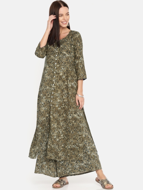 

Anouk Women Olive Green & Navy Blue Printed Kurta with Palazzos