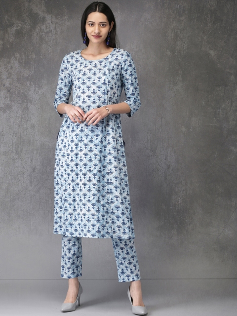 

Anouk Women Blue & White Printed Kurta with Cropped Trousers