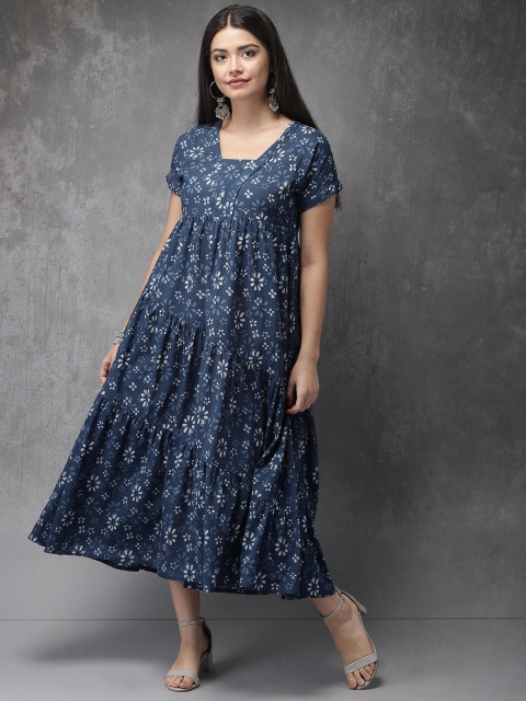 

Anouk Women Navy Blue & White Printed A-Line Tiered Kurta