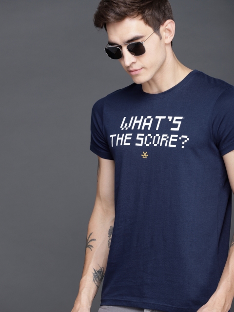 

WROGN Men Navy Blue Printed Round Neck T-shirt