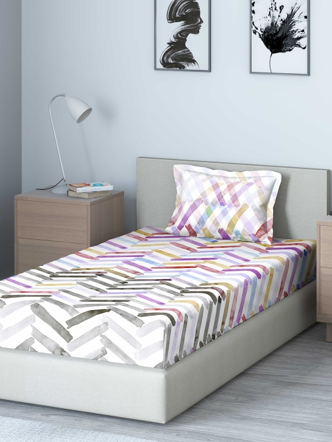 

DDecor Off-White & Purple Geometric 130 TC Cotton 1 Single Bedsheet with 1 Pillow Covers