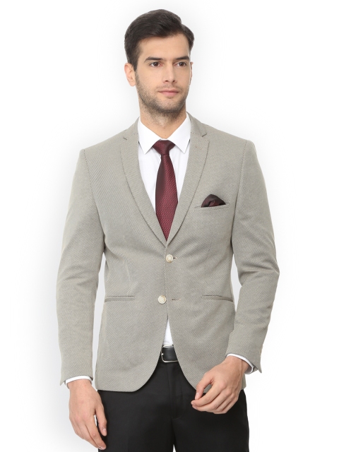 

Allen Solly Men Grey Self-Design Slim-Fit Single-Breasted Pure Cotton Blazer