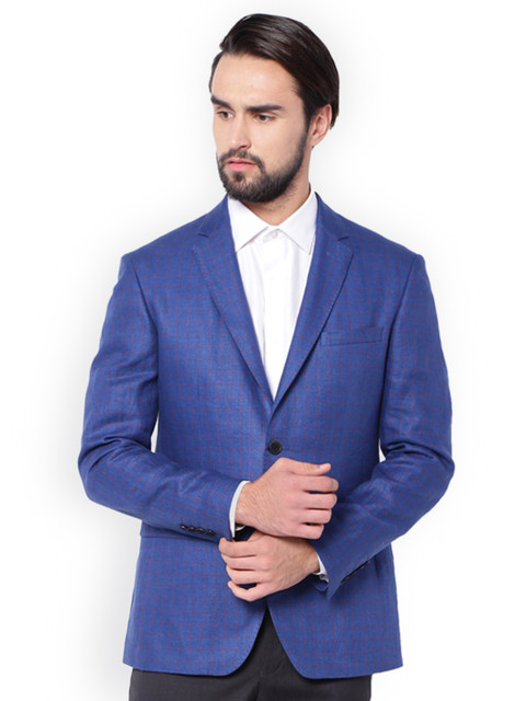 

Louis Philippe Men Blue Checked Slim-Fit Single-Breasted Blazer