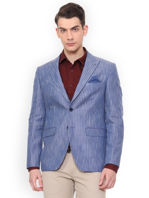 

Louis Philippe Men Blue Striped Slim-Fit Single-Breasted Blazer