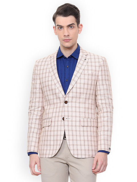 

Louis Philippe Men Beige Checked Slim-Fit Single-Breasted Blazer