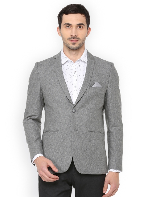 

Louis Philippe Men Grey Self-Design Super Slim-Fit Single-Breasted Pure Cotton Blazer