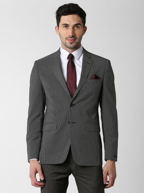 

Peter England Elite Men Black Self-Design Slim-Fit Single-Breasted Blazer