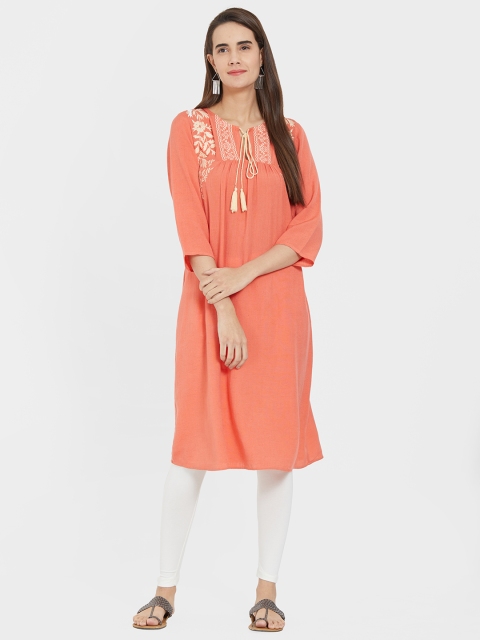 

Fusion Beats Women Coral Embroidered A-Line Kurta