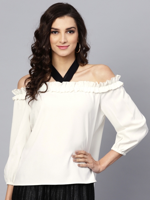 

Femella Women White Solid Bardot Top