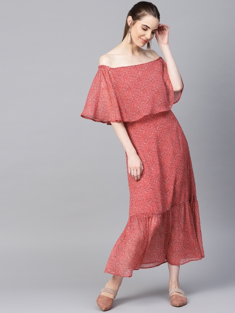 

Femella Women Coral Red & White Printed Off-Shoulder Layered Maxi Dress