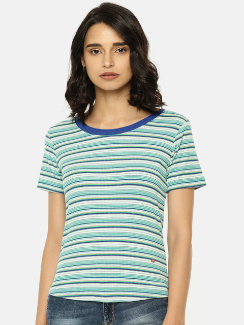 

Lee Cooper Women Blue Striped Round Neck T-shirt